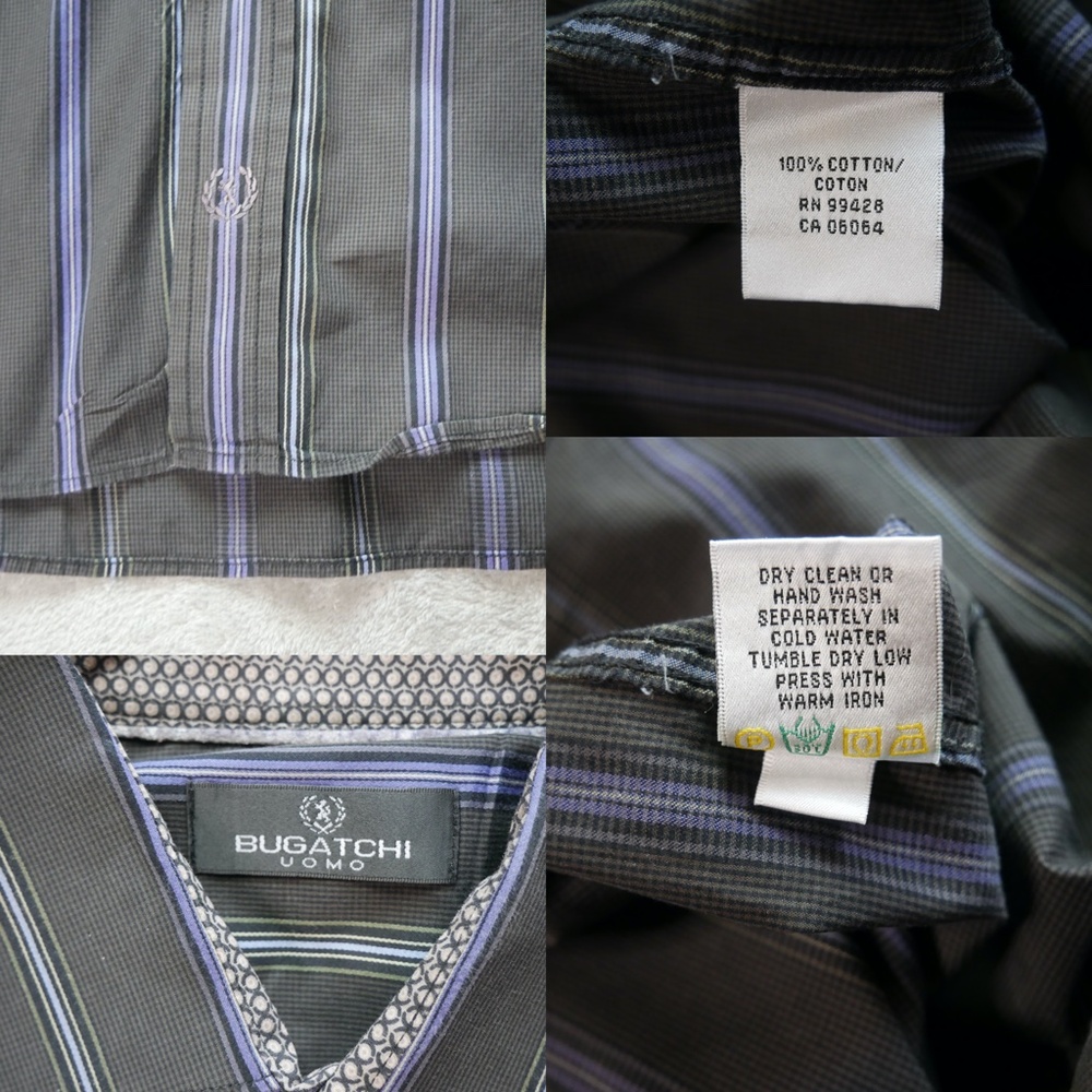Bugatchi Uomo Men's Large Black Purple Striped Button Up Shirt Cotton - Picture 7 of 13